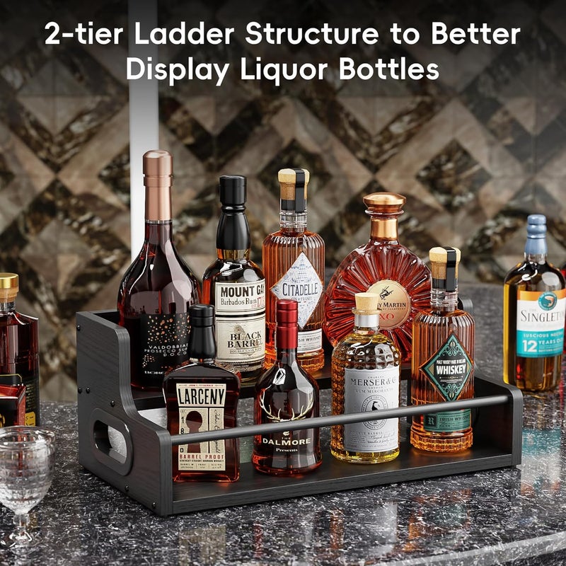KLM Liquor Bottle Display Shelf, Coffee Syrup Rack Organizer, 2 Step Countertop Liquor Wine Rack, Mini bar,Liquor Cabinet, Home Retro Bar Shelf Stand for Liquor Whiskey, Spirits, (Black) - Image 4
